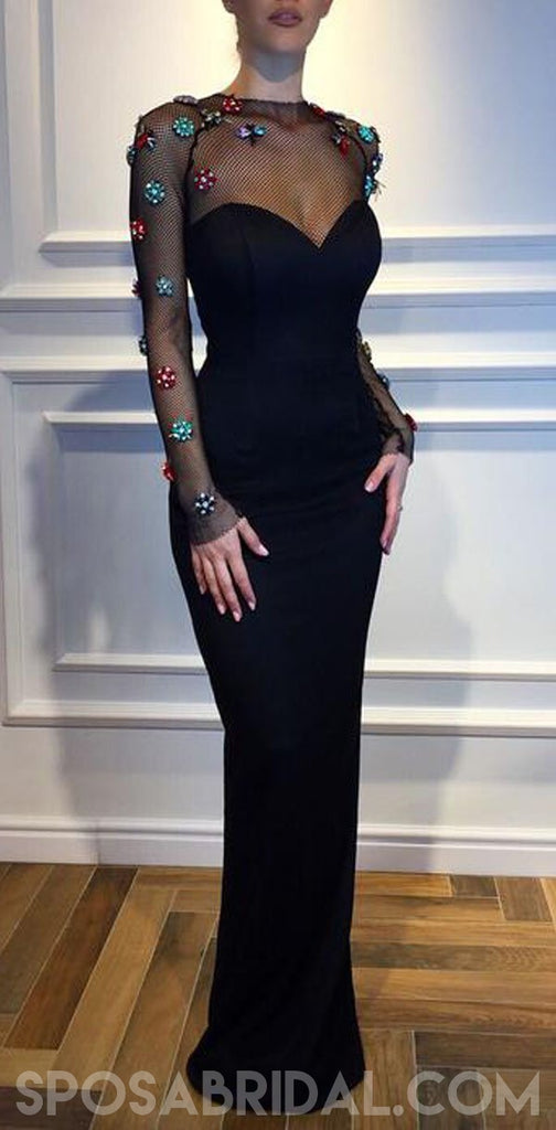 Black Mermaid Long Sleeves Elegant Formal Custom High Quality Prom Dresses , PD1144