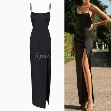 Black Mermaid Spaghetti Straps Side Slit Simple Satin Long Prom Dresses PD1409