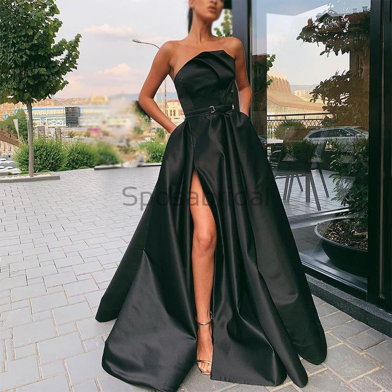 Black Satin High Slit A-line Popular Modest Fashion Long Prom Dresses PD1551