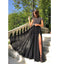 Black Sequin Chiffon Side Slit Cap Sleeves Unique Modest Long Elegant Prom Dresses, Prom Dress PD1826