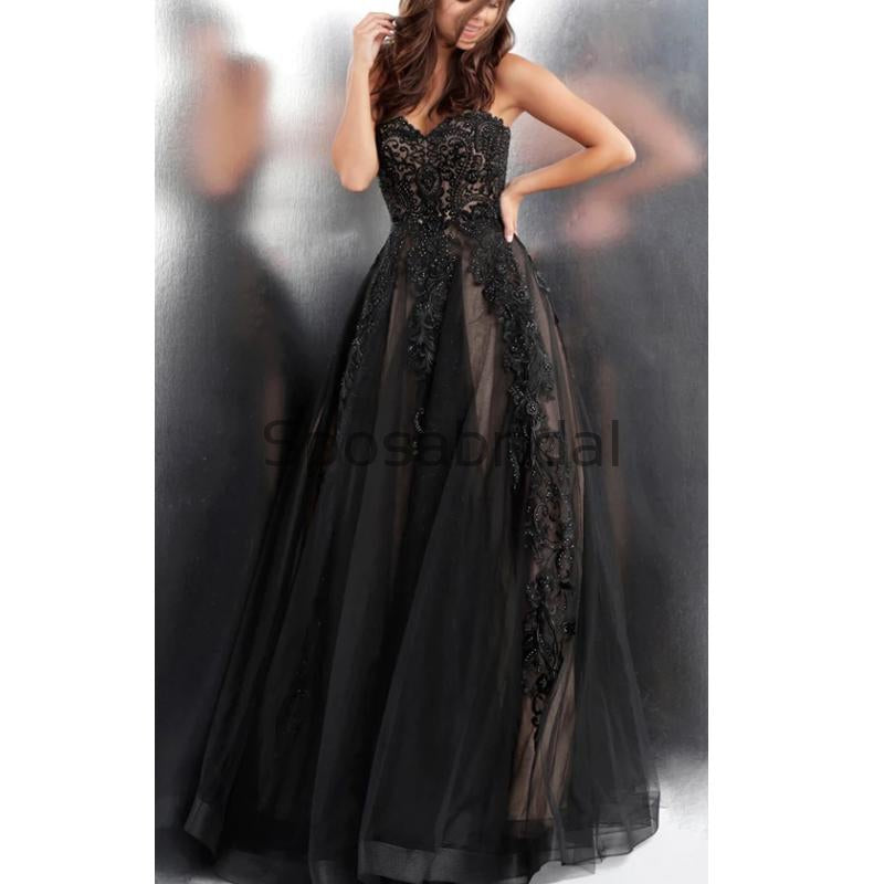 Black Tulle Lace A-line Strapless Unique Modest Long Party Prom Dresses, Prom Dresses PD1827