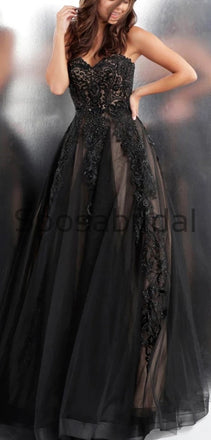 Black Tulle Lace A-line Strapless Unique Modest Long Party Prom Dresses, Prom Dresses PD1827