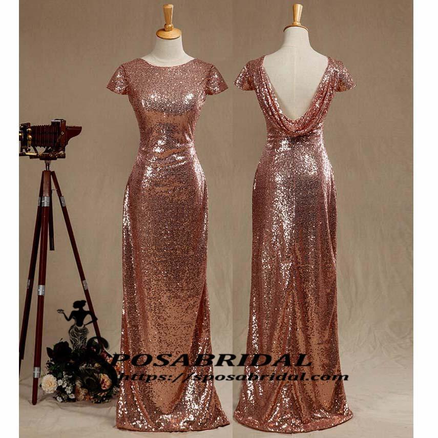Black and Rose Gold Sequins Mermaid Cheap Sparkly Custom  Cowl Back Cap Sleeves Scoop Bridesmaid Dresses , WG294 - SposaBridal
