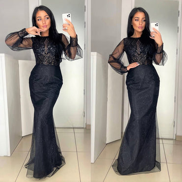 Black Long Sleeves Sparkly Lace Top Mermaid Long Tulle Prom Dress, PD3291