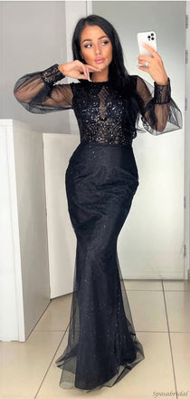 Black Long Sleeves Sparkly Lace Top Mermaid Long Tulle Prom Dress, PD3291