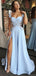 Blue A-line Sweetheart Beads Off-shoulder Side-slit Long Prom Dresses, PD0910