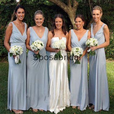 Blue V-neck Inexpensive Simple Beach Long Bridesmaid Dresses WG809