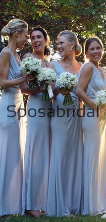 Blue V-neck Inexpensive Simple Beach Long Bridesmaid Dresses WG809