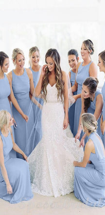 Blue Custom Cheap Simple Jewel Neckline Floor-length Sheath  Bridesmaid Dresses  WG585