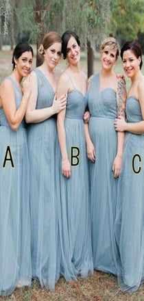 Blue Grey Cheap Long Tulle Mismatched Convertible Bridesmaid Dresses, WG250