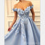 Blue Off Shoulder Appliques A-line Elagant Fairy Long Modest Beautiful Prom Dresses,PD1098