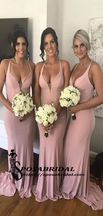 Burgundy Elegant Pink Mermaid Long Modest Cheap Bridesmaid Dresses, Open Back Party Dress, WG295