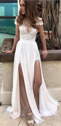 Cap Sleeves Simple Slit Most Popular Lace Chiffon Inexpensive Wedding Party Dresses, WD0110