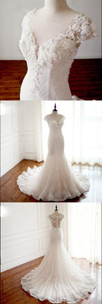Cap Sleeves Trumpet Sexy Wedding Dresses, High Quality Handmade Bridal Gown with Train , WD0271 - SposaBridal