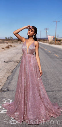 A-line Sequin Spaghetti Straps Rose Gold Long Prom Dresses, Fashion Modest Prom Dress, PD1367