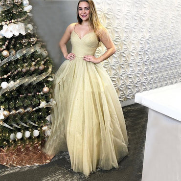 Charming A-Line Spaghetti Straps Tulle Long Prom Dresses PD2393