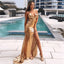 Charming Gold Sequin Mermaid Sexy Side-slit Evening Prom Dresses, PD2364
