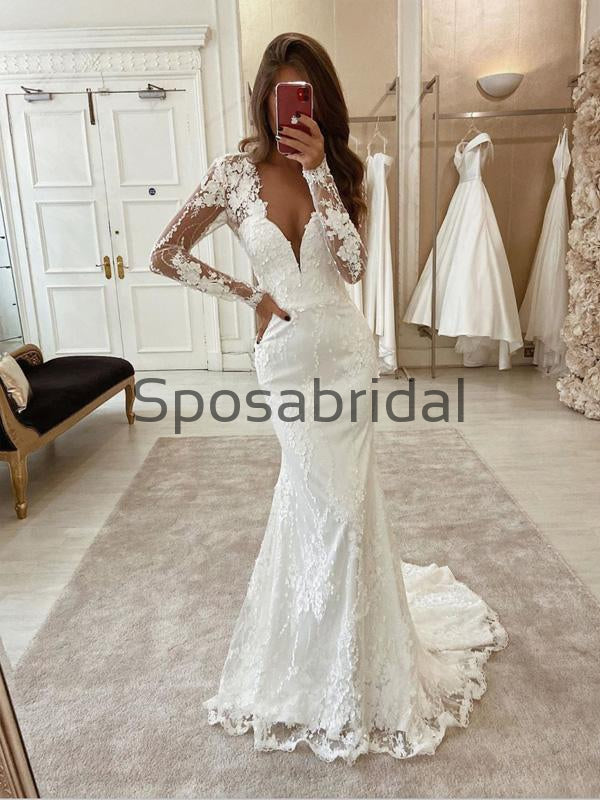 Charming Mermaid Unique Lace Long Sleeves Modest Wedding Dresses WD0438