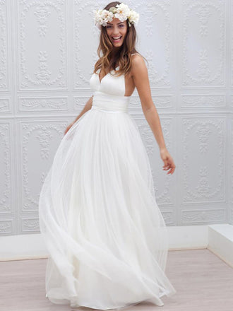 Sexy V-neck Backless Tulle A-line Simple Long Beach Wedding Dress, WD0120