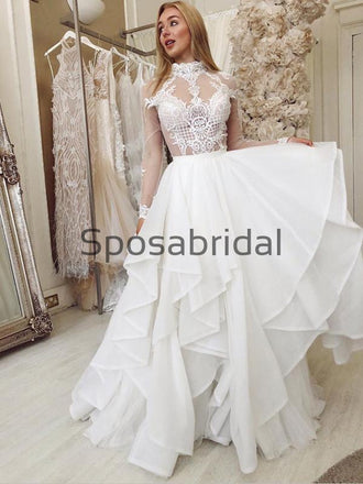 Charming Unique Lace High Neck Long Sleeves Wedding Dresses, Prom Dresses WD0444