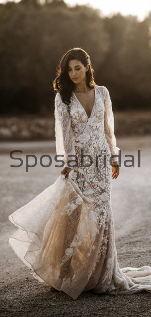 Charming Unique Lace V-Neck Long Sleeves Country Wedding Dresses WD0445