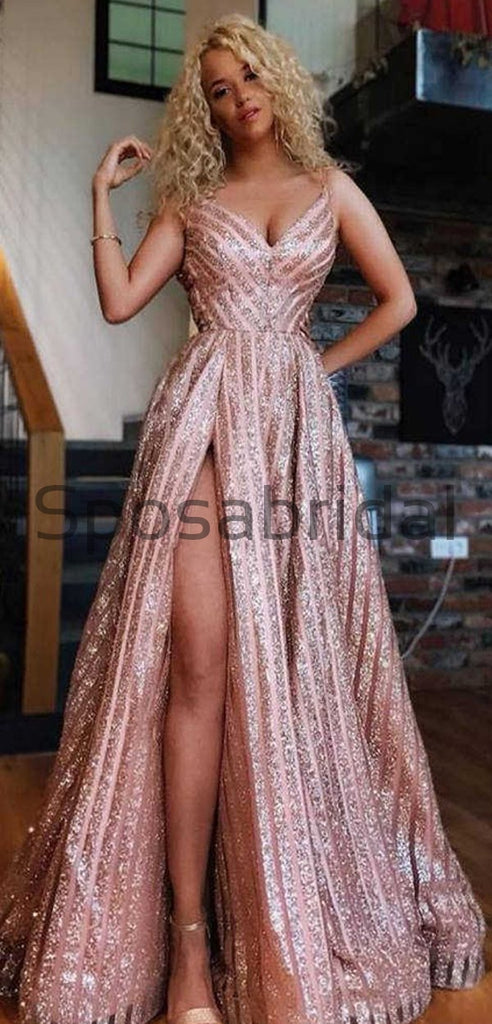 Charming V-Neck A-line Side Slit Sequin Sparkly Long Modest Prom Dresses, Evening dresses PD1850