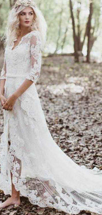 Boho Long Sleeve Luxury Lace Long Beach Wedding Dresses, WD0615