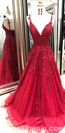 Charming A-line Modest V-neck Lace Appliques  Pretty Hot Spring Long Pom Dresses, Party Dress,, PD1282