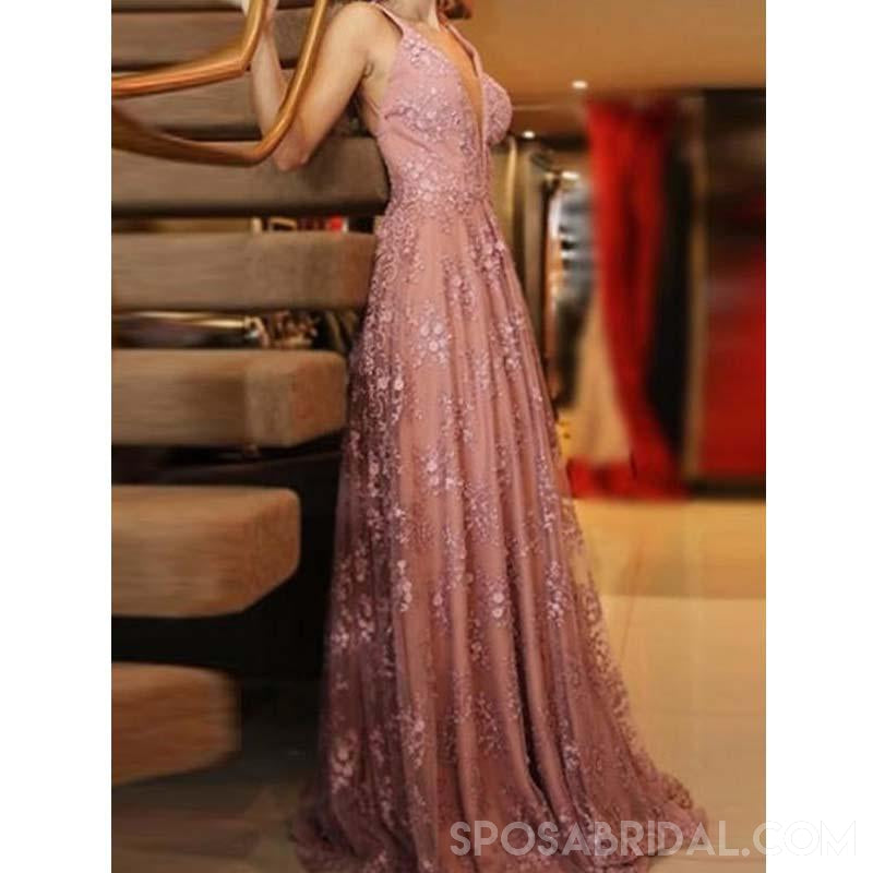 Charming A Line V Neck Backless Floor Length Blush Lace Prom Dresses, Party Dresses, Evening Dresses, PD1135