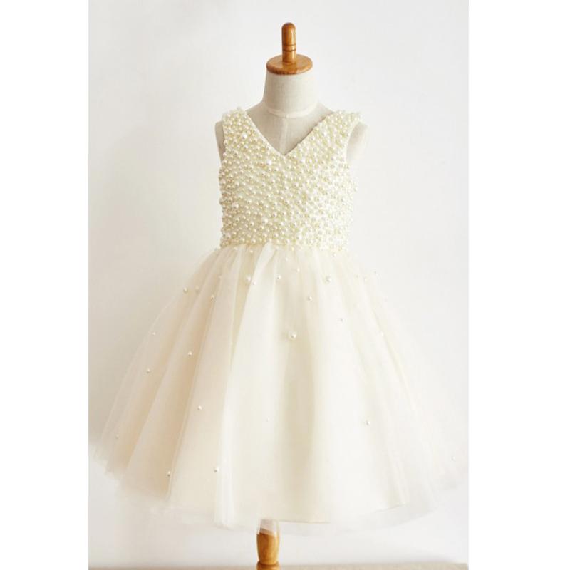 Charming Cheap A-Line V-Neck Floor-Length Ivory Tulle Flower Girl Dress with Pearls, FG127 - SposaBridal
