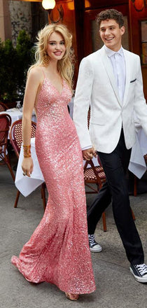 Charming Cheap Mermaid Spaghetti Straps Backless Long Pink Sequined Prom Dresses , PD0955 - SposaBridal