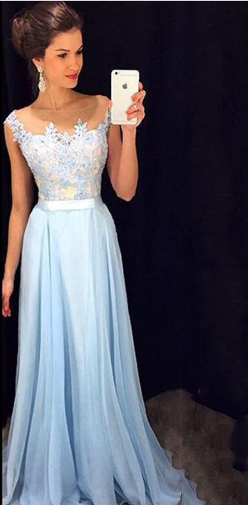 Charming Lace chiffon Blue  Cheap Long V Neck Formal  Pretty Elegant Prom Dresses,PD0613