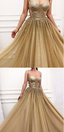 Charming Long Gold  Spaghetti Straps Gorgeous Sparkly Modest Prom Dresses, Evening dresses, PD0903 - SposaBridal