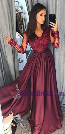 Charming Long Sleeves V neck Top Lace Chiffon Navy Grey Burgundy Prom Dresses, Evening dress, PD0668