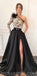 Charming One Shoulder A-line Uniqe Design Black Satin Side Split Prom Dresses with Appliques, PD1151