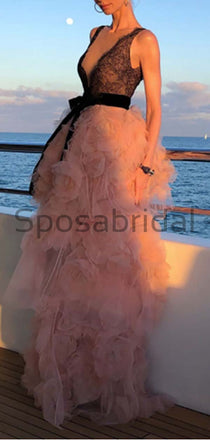 Charming Pretty Lace Pink Unique Design Modest Prom Dresses PD1970