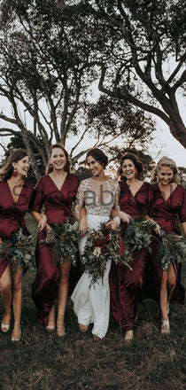 Cheap Burgundy V-Neck Short Sleeves Popular Bridesmaid Dresses WG684