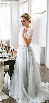 Dusty Blue Cheap Lace and Tulle Two Pieces A-line Prom Dresses, Wedding Dresses, PD0465