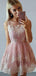 Cheap Cute Blush Pink Jewel Neck Lace A-line Mini Homecoming Dresses, CM473