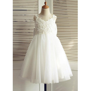 Cheap A-Line V-Neck Backless White Flower Girl Dress with Appliques Bowknot , FG110 - SposaBridal