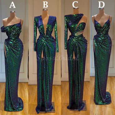 Cheap Mismatched Sparkly Green Sequin Modest Formal Long Prom Dresses PD1430