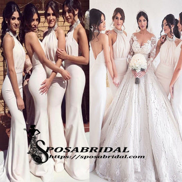 Cheap Modest Elegant Beaded High Neck Mermaid Backless Long Bridesmaid Dresses, Evening Dress , WG296 - SposaBridal