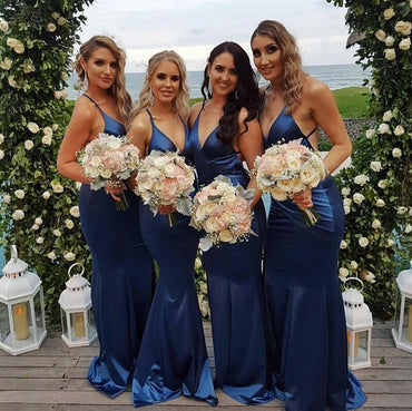 Cheap Modest  Unique Custom Soft Sexy Spaghetti Straps Long Dark Blue Bridesmaid Dresses , WG267 - SposaBridal