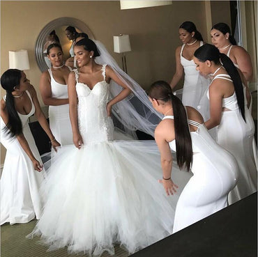 Cheap Modest Sexy Unique Mermaid Spaghetti Straps Elegant Formal  White Bridesmaid Dresses, WG269 - SposaBridal