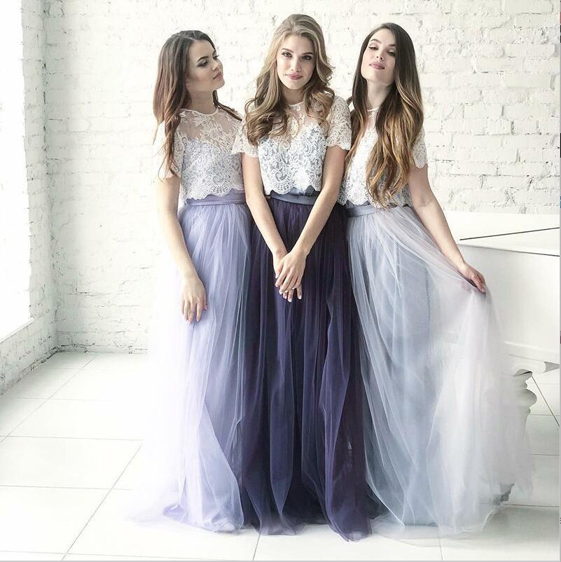 Cheap Two Piece Round Neck Long Light Blue Grey Silver Purple Lilac Tulle With Top Lace  Bridesmaid Dresses, WG270