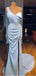 Cheap One Shoulder Blue Side Slit Unique Elegant Mermaid Formal Long Prom Dresses PD1795