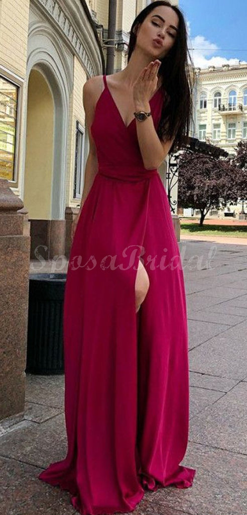 Cheap Red Simple Spaghetti Straps Side Slit Long Prom Dresses PD1424