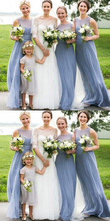 Cheap Simple A-Line Round Neck Floor-Length Grey Blue Chiffon Bridesmaid Dresses, WG241 - SposaBridal