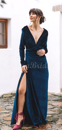 Cheap Simple Elegant Long Sleeves Velvet Soft Side Slit Long Prom Dresses PD1425