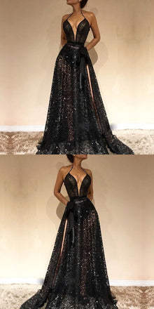 Cheap Spaghetti Straps Sexy Black V-Neck Evening Gowns,  2019 New Lace Prom Dress With Slit, PD0580 - SposaBridal